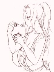 1girls apron blush breasts eating facial_mark female female_only food forehead_mark large_breasts monochrome naruto naruto_(series) naruto_shippuden ponytail rimo_(shunlovej) sketch spoon tagme tongue tongue_out tsunade