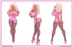 big_ass bimbo blonde_hair blue_eyes cleavage cleavage_overflow closed_eyes earrings fishnet_stockings fishnets high_heels high_tops huge_breasts jay-marvel looking_at_viewer patreon_url pink_dress pink_outfit platform_heels theofficialpit