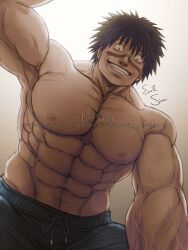 abs bara big_pecs brown_hair crazy_eyes dark_hair evilsirenart facial_tattoo grin kengan_(series) kengan_ashura looking_at_viewer low-angle_view male male_only meguro_masaki muscular muscular_male pecs smile solo spiky_hair topless topless_male veins veiny_muscles wide_eyed