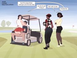 1girls 3girls ass big_ass big_breasts breast_sucking breasts casual casual_sex cowgirl_position female fruit_basket_(jamesab) golf golf_cart golf_course golf_outfit horny_female impatient insatiable jamesab male melody_holland_(jamesab) muscular_arms muscular_female no_panties pamela_reyes_(jamesab) penis pussy_juice rachel_lawson_(jamesab) riding sex skirt tagme