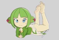 1girls ass bare_legs barefoot blue_eyes cosmo_the_seedrian dress feet feet_up female female_focus female_only furry green_hair leg_up legs legs_up looking_at_viewer presenting_feet sega simple_background simple_shading skirt skirt_around_one_leg smile smiling sonic_(series) sonic_the_hedgehog_(series) sonic_x thighs wrong.pattern