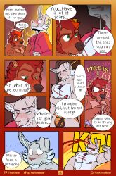 absurd_res anthro blush bruno_de'marco clothing comic dialogue eye_scar facial_scar hi_res jockstrap lagomorph leporid male male/male male_anthro mammal nose_bleeding rabbit scar simple_background size_difference thekinkybear underwear undressing_another ursid wilson_flakes