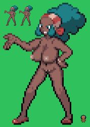 1girls afro dark-skinned_female game_freak green_background human large_breasts lenora_(pokemon) mature mature_female mature_woman nintendo pixel_art pokemon pokemon_bw solo sprite sprite_art sprite_sheet