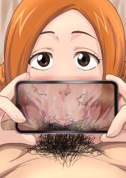 1boy 1girls :>= all_the_way_to_the_base bleach blowjob breasts brown_eyes cheating cheating_wife deepthroat eye_contact fellatio female ginger high_resolution huge_breasts inoue_orihime iwao178 kneeling large_filesize light-skinned_female light_skin long_hair male male/female male_pubic_hair netorare ntr oral orange_hair penis penis_in_mouth petite pov pubic_hair pubic_hair_in_mouth recording seductive_eyes seductive_mouth smartphone stray_pubic_hair very_high_resolution very_long_hair