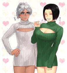 2girls black_hair blue_eyes blush bob_cut breast_envy breast_size_difference chocolate_and_vanilla cleavage cleavage_cutout closed_eyes dark-skinned_female female female_only flat_chest fully_clothed genderswap_(mtf) hand_on_hip himuro_ryo kaneda_suekichi kengan_(series) kengan_ashura keyhole keyhole_turtleneck light-skinned_female medium_breasts nervous_smile osatoumizu ponytail ribbed_sweater rule_63 short_hair smile sweatdrop sweater sweater_dress turtleneck white_hair