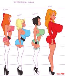 4girls ankle_strap_heels athletic athletic_female big_breasts bimbo bimbo_lips black_hair blonde_hair blossom_(powerpuff_girls) blue_eyes bubble_butt bubbles_(powerpuff_girls) buttercup_(powerpuff_girls) cartoon_network character_profile character_sheet crop_top female female_focus female_only green_eyes high_heels hoop_earrings huge_breasts large_breasts measurements microdress microskirt miniskirt multiple_girls nipple_bulge pink_lipstick powerpuff_girls red red_hair red_lipstick sara_bellum short_shorts side_view skirt_suit straight_hair theofficialpit thick_thighs thighhighs wedge_heels