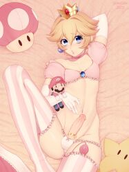 1boy anime_style balls_in_panties bed blanket blonde_hair blue_eyes boy bullet_vibrator choker cock_ring crown digital_media_(artwork) earrings femboy feminine_male foreskin frills genderswap genderswap_(ftm) gloves gomi-cake jewelry legwear lips lipstick looking_at_viewer lying male male_only mario_(series) mushroom nintendo on_back panties pink_background plushie prince_apricot princess_peach pubic_hair ruffles rule_63 sex_toy short_hair skinny solo super_mario_bros. thighhighs uncut_penis vibrator