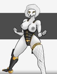 afro anthro armor big_breasts canine fishnets furry half_dressed lastine nhes nipples thick_thighs thigh_squish tight_clohting white_fur yellow_eyes