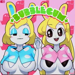 2girls animal_crossing blonde_hair breasts chrissy_(animal_crossing) clothing duo female female_only francine_(animal_crossing) long_hair minus8 nintendo short_hair smile tagme text underboob