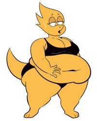 1girls 2d alphys bbw belly belly_button breasts cleavage deep_navel eyebrows eyelashes fat fat_female female female_only glasses hyper_belly navel overweight scobionicle99 solo standing sweat transparent_background undertale undertale_(series)