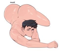 andy_(jamesab) big_ass black_hair femboy fruit_basket_(jamesab) huge_ass jamesab lying_on_stomach male muscular_male short_hair twink