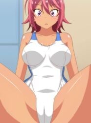 1girls bokutachi_wa_benkyou_ga_dekinai breasts clothed confused confused_look confusion dark_skin female female_only looking_down pussy red_eyes red_hair sitting solo swimsuit takemoto_uruka_(bokuben) tan_body thighs