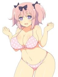 1girls arms_up ass_visible_through_thighs blue_eyes collarbone eyebrows_visible_through_hair female hibari_(senran_kagura) huge_breasts ichiryuu_tsumiki light-skinned_female light_skin looking_at_viewer medium_hair midriff navel open_mouth pink_hair plus-shaped_pupils polka_dot_bikini ribbon senran_kagura simple_background smile solo submissive_pose twintails white_background