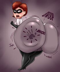 1girls 2018 absurd_res angry_face ass_bigger_than_head brown_hair butlova butt_bigger_than_head butt_focus butt_slap digital_media_(artwork) disney elastigirl female female_focus female_only grey_background helen_parr hi_res high_resolution highres human_only looking_at_ass looking_at_butt looking_down not_furry not_furry_focus onomatopoeia open_mouth pixar simple_background spanked_butt spanking_ass straight_hair superheroine the_incredibles the_incredibles_2 wobble wobbling_ass