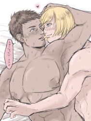 2boys arm_around_neck big_pecs blonde_hair blue_eyes blush facial_hair gay goatee imai_cosmo implied_sex japanese_text kengan_(series) kengan_ashura large_areolae looking_at_another looking_back male male_only nishihonji_akira nude on_bed on_side smile speech_bubble sweat tan_skin upper_body wholesome yaoi