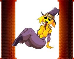 breasts breasts_out female female_only friday_night_crunchin friday_night_funkin ifu_(friday_night_crunchin) ifunny long_tongue sharp_teeth sitting solo witch witch_hat yellow_hair yellow_skin