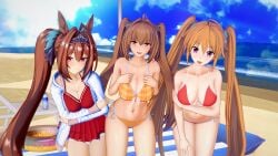 3d 3girls animal_ears arm_under_breasts beach big_breasts bikini blush breast_hold breasts brown_hair busty cleavage crossed_arms crossover daiwa_scarlet_(umamusume) eiyuu_densetsu estelle_bright female female_only front-tie_bikini_top front-tie_top hand_on_leg hand_on_own_leg hand_on_own_thigh hand_on_thigh hands_on_own_chest high_school_dxd horse_ears large_breasts leaning_forward legend_of_heroes legs long_hair multiple_girls navel ocean open_mouth orange_hair purple_eyes red_eyes shidou_irina smile sora_no_kiseki swimsuit take_your_pick thighs trails_of_(series) twintails umamusume voluptuous water