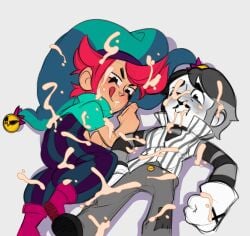 2boys background blush brawl_stars chester_(brawl_stars) closed_eye cum cum_covered cum_in_clothes cum_in_mouth cumming gay gray_(brawl_stars) happy_male jester jester_costume mawile123 mime non-nude on_the_floor pink_hair semen sperm supercell tongue_out toony white_skin