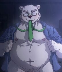 1boy 2022 anthro barely_visible_genitalia barely_visible_penis belly big_belly clothed clothing eyewear genitals glasses humanoid_hands leib_(tokyo_afterschool_summoners) lifewonders male male_only mammal moobs murzax navel necktie nipples open_clothing open_shirt open_topwear overweight overweight_male penis polar_bear shirt solo tokyo_afterschool_summoners topwear ursid ursine video_games