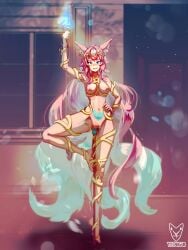 blue_eyes blur_censor blush bondage censored forced_posing fox_ears fox_tail grin looking_at_viewer medium_breasts mosaic_censoring multiple_tails nipple_piercing one-bar_prison one_bar_prison pink_hair pubic_tattoo standing_on_one_leg torch vaginal_insertion yeougui