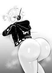 1girls big_breasts black_and_white blush bubble_butt egghead female female_only iwao178 jacket leaning_forward looking_at_viewer one_piece shiny_ass sideboob smirk solo tagme vegapunk_lilith visible_stench