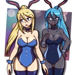 2girls abstract_background bare_shoulders blonde_hair blue_bowtie blue_eyes blue_hair blue_leotard breasts bunnysuit cleavage dark_samus hayato_stuff metroid ponytail samus_aran zero_suit_dark_samus