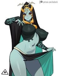 artist_name ass breasts censored donburikazoku embarrassed female_only has_uncensored_version huge_ass large_breasts long_hair looking_at_viewer midna navel nipples pussy red_eyes smile solo the_legend_of_zelda twili_midna twilight_princess white_background yellow_sclera