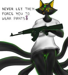 anthro azorian black_body canid canine dialogue donklord female fox genitals glowing glowing_genitalia glowing_pussy green_eyes gun hybrid looking_at_viewer mammal meme pantsless pats_(patrina_erubus) pussy ranged_weapon solo speech_bubble weapon