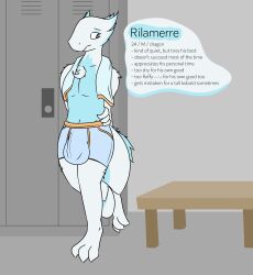 2018 absurd_res against_surface anthro balls_outline blue_body bulge clothed clothing colored crossed_legs detailed_background detailed_bulge digital_drawing_(artwork) digital_media_(artwork) digitigrade dragon english_text fluffy frill_(anatomy) genital_outline hands_behind_back hi_res inside keinga line_art locker_bench locker_room looking_away male male_only model_sheet multicolored_body penis_outline rilamerre_dzumtao scalie solo text towel two_tone_body underwear white_body