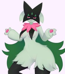 anthro blush breasts female fiamourr generation_9_pokemon genitals green_body hi_res looking_at_viewer meowscarada nintendo pokémon_(species) pokemon pokemon_(species) pokemon_sv pussy simple_background solo video_games white_background