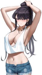 armpits arms_up big_breasts black_hair blush breasts cleavage clothed_female dark_hair emotionless huge_breasts komi-san_wa_komyushou_desu komi_shouko light-skinned_female light_skin long_hair looking_at_viewer presenting_armpit presenting_armpits shizuko_hideyoshi short_shorts shorts solo solo_female white_shirt