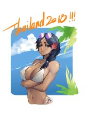 arms_crossed_under_breasts big_breasts bikini black_hair cleavage crossed_arms female female_only flower_in_hair frown gaolang_wongsawat genderswap_(mtf) kengan_(series) kengan_ashura long_hair looking_at_viewer rule_63 side-tie_bikini solo sunglasses sunglasses_on_head tan_skin tiara tied_hair white_bikini