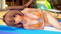 1girls 3d beach big_breasts bikini breast_hold breasts brown_hair busty cleavage crossed_arms eiyuu_densetsu estelle_bright female female_only highres large_breasts legend_of_heroes legs long_hair looking_at_viewer orange_bikini red_eyes sensual smile solo sora_no_kiseki swimsuit thighs towel trails_of_(series) twintails voluptuous