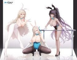 3girls absurdres akane_(blue_archive) akane_(bunny)_(blue_archive) animal_ears asuna_(blue_archive) asuna_(bunny)_(blue_archive) bangs black_footwear black_hair black_leotard black_pantyhose blonde_hair blue_archive blue_bow blue_bowtie blue_leotard blue_ribbon blush bow bowtie breasts breasts_out censored chinese_commentary cleaning_&_clearing_(blue_archive) cleavage cleft_of_venus clothing_cutout collarbone copyright_name dark-skinned_female dark_skin detached_collar fake_animal_ears fishnet_pantyhose fishnets forehead full_body glasses gloves grin hair_between_eyes hair_over_one_eye hair_ribbon hands_up heart_cutout high_heels high_ponytail highleg highleg_leotard highres huge_breasts kanon_(sinto) karin_(blue_archive) karin_(bunny)_(blue_archive) leaning_forward legs_apart legs_together leotard long_hair looking_at_viewer m_legs millennium_science_school_student multicolored_hair multiple_girls nipples official_alternate_costume pantyhose parted_bangs playboy_bunny purple_hair pussy reflective_floor ribbon sagging_breasts shadow side-tie_leotard simple_background slit_pupils smile squatting standing strapless strapless_leotard streaked_hair thighband_pantyhose thighs very_long_hair white_background white_footwear white_gloves white_leotard white_pantyhose wrist_cuffs yellow_eyes