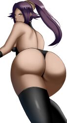 1girls ass ass_focus bare_shoulders black_leotard bleach breasts dark-skinned_female dark_skin dat_ass elbow_gloves expressionless female female_only from_behind from_below frown gloves highleg highleg_leotard huge_ass leotard looking_at_viewer looking_back noah_barnett poketune ponytail purple_hair shihouin_yoruichi sideboob solo thighhighs thong_leotard white_background wide_hips yellow_eyes