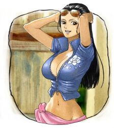 belly_button black_hair female female_only nico_robin one_piece post-timeskip sarong straw_hat_pirates sunglasses sunglasses_on_head suyu38