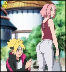 1boy 1girls adult age_difference ass bag bare_shoulders blue_eyes boruto:_naruto_next_generations female from_behind green_eyes hand_sign holding_object human imminent_anal imminent_penetration jacket kancho looking_at_another looking_at_ass looking_back male male/female mature mature_female milf naruto naruto_(series) older_female outdoors pants pervert pink_hair prank round_ass sakura_haruno sexually_suggestive shopping_bag tank_top teenager thousand_years_of_death tight_pants uzumaki_boruto visualtoon yellow_hair younger_male