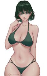 1girls belly belly_button big_breasts bikini breast_squeeze breasts busty cleavage clothed clothing collarbone curvaceous curvy curvy_body curvy_female curvy_figure dark_green_hair eye_contact eyelashes female female_focus female_only fit fit_female front_view fubuki_(one-punch_man) green_eyes green_hair hanaelward03 highres hips hourglass_figure huge_breasts large_breasts light-skinned_female light_skin lips lipstick looking_at_viewer medium_hair midriff navel one-punch_man pointing_at_self shiny_skin short_hair slim slim_waist smile smiling smiling_at_viewer solo solo_female solo_focus standing stomach thick thick_thighs thighs thin_waist tight_clothing voluptuous waist white_background wide_hips