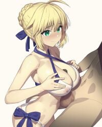 1boy ahoge artoria_pendragon artoria_pendragon_(fate) bangs bikini blonde_hair blush braid braided_bun breast_squeeze breasts censored covered_nipples fate/stay_night fate/zero fate_(series) female green_eyes hair_bun happy_sex large_breasts mosaic_censoring munashi_mujou paizuri paizuri_under_clothes penis saber see-through short_hair simple_background smile solo_focus straight swimsuit testicles white_background white_bikini