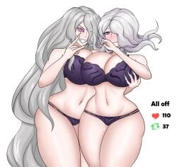 afimaki alternate_version_available blush bra breasts cleavage danganronpa danganronpa_3 embarrassed huge_breasts kimura_seiko large_breasts multiple_girls panties straight_hair strip_game thick_thighs thighs underwear underwear_only