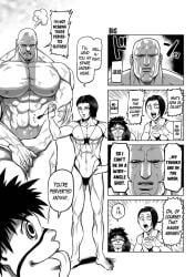 3boys ambush_(trap) bald comic covering_crotch covering_self daromeon dialogue english_text funny julius_reinhold kengan_(series) kengan_ashura male male_only meguro_masaki monochrome muscular muscular_male nikaido_ren nude_male official_art revealing_clothes size_difference skimpy_clothes swimsuit toned toned_male underwear veiny_muscles