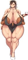 black_dress brown_eyes brown_hair chun-li dress gigantic_breasts muscular_female nipple_slip nipples_visible_through_clothing o-ring o-ring_dress pearl_necklace ponkotsuu spiked_bracelet street_fighter transparent_background venus_body wine_glass wristband