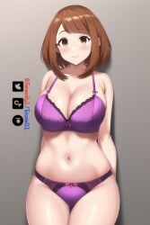 1girls ai_generated ass_visible_through_thighs bra brown_eyes brown_hair funemily1 hands_behind_back my_hero_academia nai_diffusion ochako_uraraka panties smile stable_diffusion tagme thigh_gap watermark