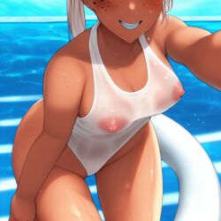 1girls ai_generated breasts dark-skinned_female dark_skin female female_only freckles looking_at_viewer nipples one-piece original ponytail see-through see-through_clothing selfie smile solo stable_diffusion swimming_pool swimsuit wet