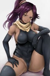 1girls black_legwear black_stockings bleach cleavage dark-skinned_female dark_skin female female_only footwear large_breasts long_hair long_sleeves looking_at_viewer noah_barnett ponytail purple_hair pussy r-binon shihouin_yoruichi sleeves_past_elbows smile smiling solo solo_focus thick_thighs thighhighs thighs wide_hips yellow_eyes