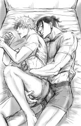 2boys bed boner boner_in_pants cuddling erect_penis erection erection_under_clothes from_behind gay hugging jujutsu_kaisen male male_on_male poking_with_penis satoru_gojo suguru_geto yaoi