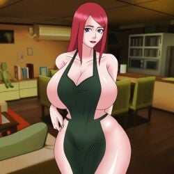 1girls almost_naked apron apron_only barely_clothed big_breasts breasts cleavage functionally_nude functionally_nude_female hourglass_figure huge_breasts indoors lipstick living_room long_hair looking_at_viewer makeup mature mature_female milf mostly_nude naked_apron naruto naruto_(series) naruto_shippuden red_hair solo solo_focus sutokatsu uzumaki_kushina voluptuous wide_hips