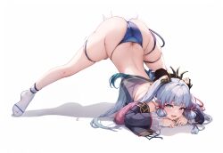 1girls ai_generated ankle_socks anklehighs ass ass_cleavage ass_up bent_over big_ass blue_eyes blue_hair blush butt_crack feet genshin_impact jack-o'_pose jack-o_pose kamisato_ayaka nai_diffusion noah_barnett smile socks stable_diffusion top-down_bottom-up white_socks