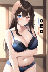 1girls ai_generated artist_self-insert blue_eyes bra emzie01 funemily1 heterochromia large_breasts long_hair mommy mommy_kink nai_diffusion panties red_eyes smile stable_diffusion standing tagme thick_thighs thigh_gap watermark wide_hips