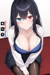 1girls ai_generated artist_self-insert blue_eyes cleavage clothed clothing emzie01 funemily1 heterochromia large_breasts long_hair looking_at_viewer nai_diffusion pantyhose red_eyes shiny_skin sitting smile stable_diffusion tagme watermark